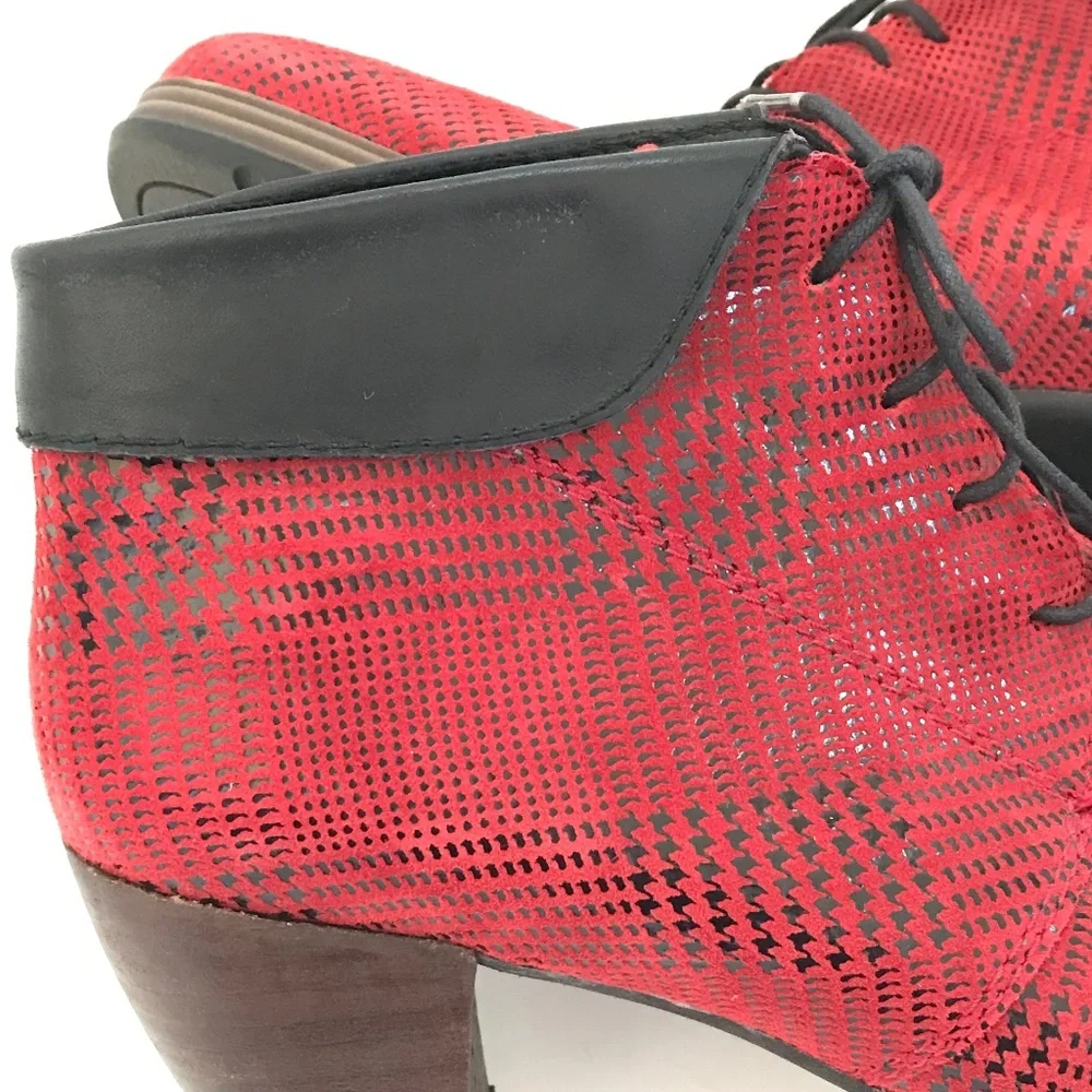 WOLKY Suede Lace-Up Booties Red Black Jacquerie Heeled Boots Women’s Size 9.5